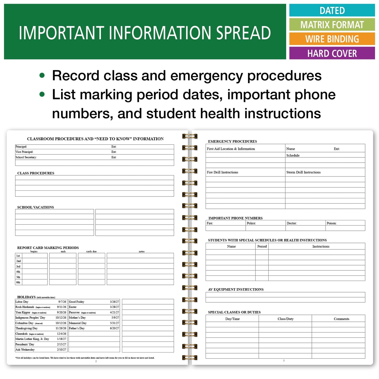 Elan Publishing Company HARDCOVER 7 Period Dated Teacher Lesson Plan; Days Horizontally Across The Top Dated for 2026-2027 Academic Year with Bonus Clip-in Bookmark (Black Tree Seasons)