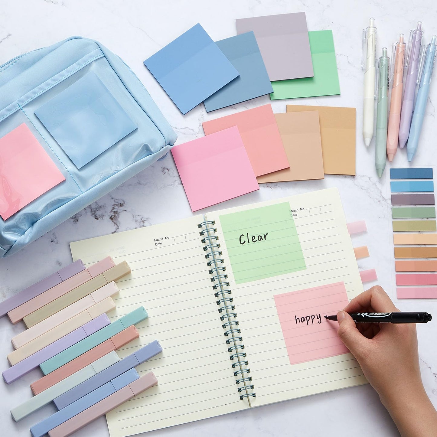 Jutom 39 Pcs Aesthetic Book Annotation Kit Highlighter with Pencil Case Bag Gel Pen Transparent Sticky Note Taking Bible Study College School Supplies(Blue,Kawaii Style)