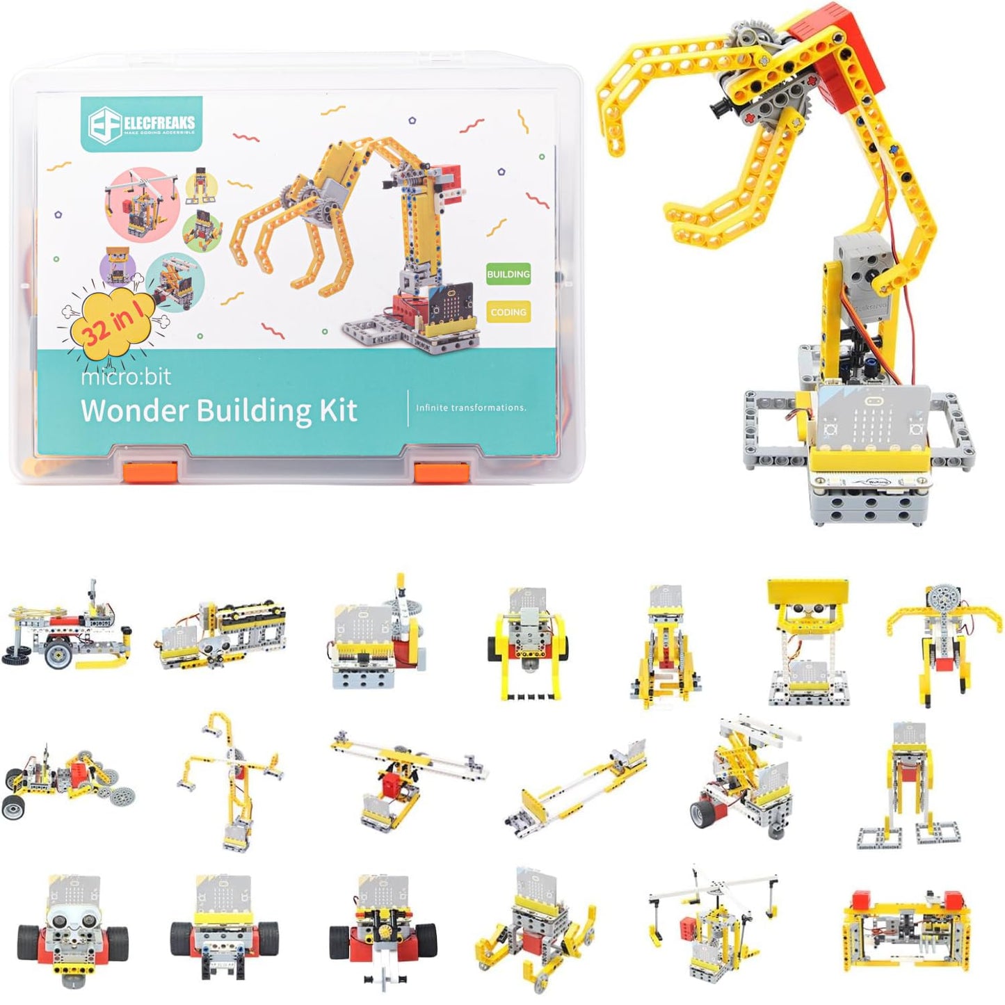 ELECFREAKS microbit 32 in 1 Wonder Sensor Kit, Makecode Programmable Learning Kit with Building Bricks/Sensors/Wukong Expansion Board(Without Micro:bit)