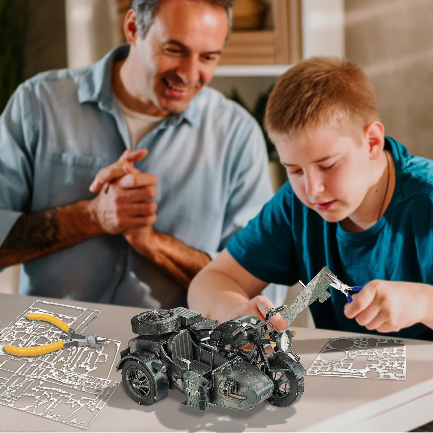 Piececool 3D Puzzles for Adults, Motorcycle with Sidecar Metal Model Building Kits for Family Time, Side Car DIY Assembling Arts and Crafts Best Birthday Gifts