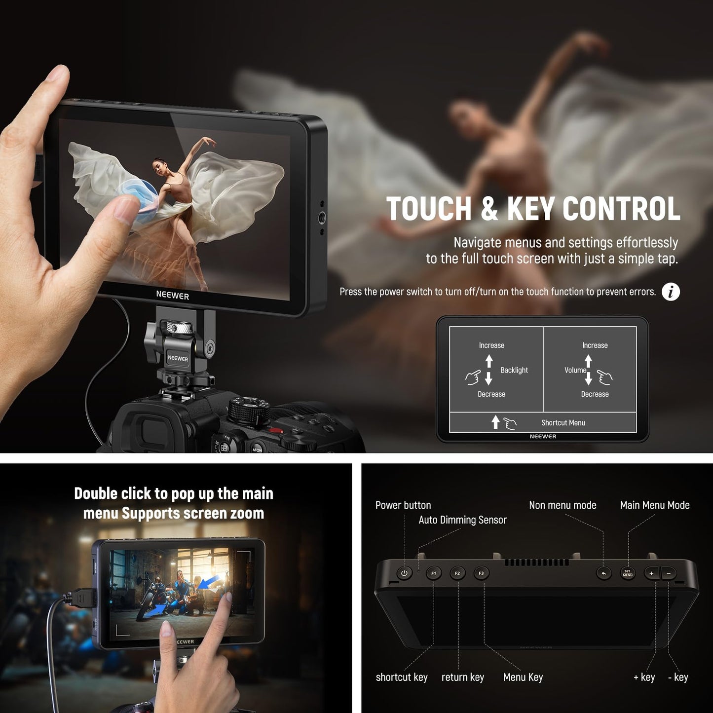 NEEWER F700 7" Camera Field Monitor, 2000nit HD 1920x1080 IPS Touch Screen 3D LUT, 4K HDMI Loop in/Out Peak Focus DSLR Video Assist HDR Waveform, Cold Shoe Mount, 2 NP-F750 Batteries, Cleaning Cloth