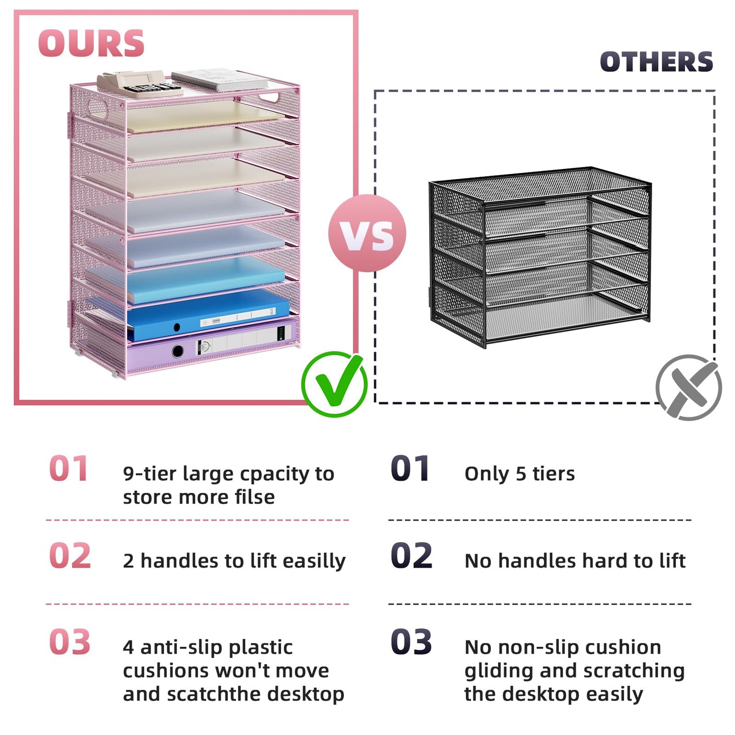 Marbrasse Paper Organizer Letter Tray, 9 Tier Mesh File Organizer with Handle, Paper Sorter Desk Organizer for Home Office Supplies - Pink