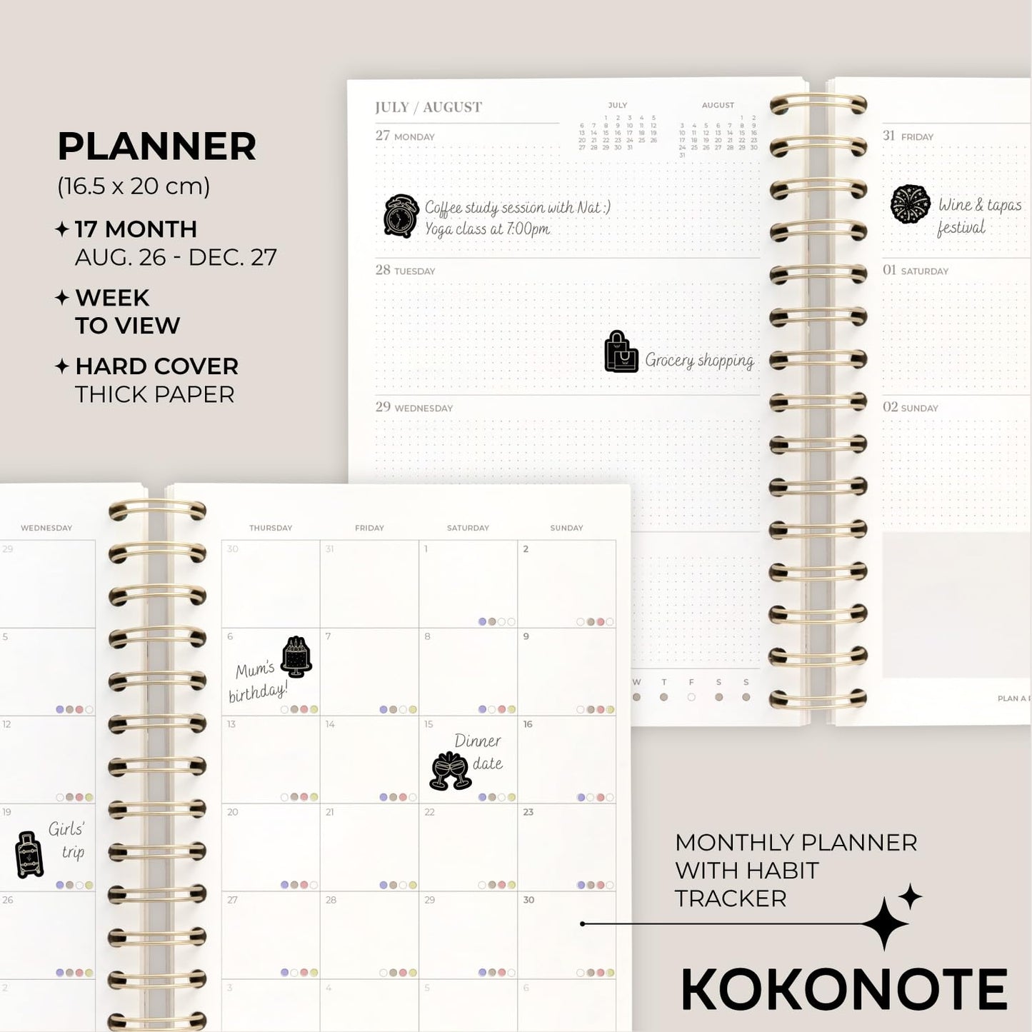 KOKONOTE Planner 2026-2027 Seasonal Flowers - Planner for Women 17 Month (Aug 26/ Dec 27) | Weekly & Monthly Academic Planner 2026-2027 | 6.4" x 7.9" | Hardcover Agenda 2026 | Thick paper 120 g/m²