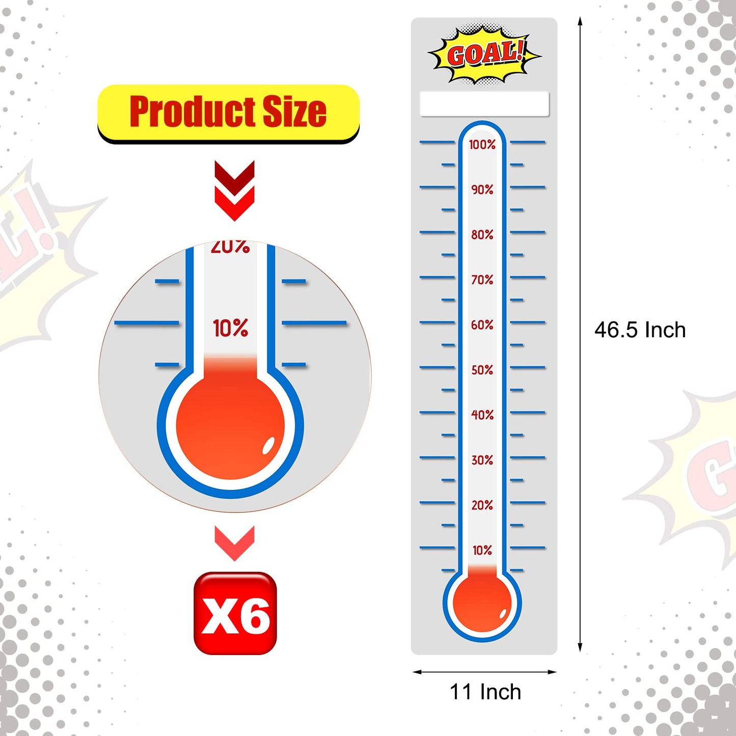 Junkin 6 Pcs Fundraising Thermometer Goal Charts Tracker Decal 48 x 11 Inch Dry Erase Thermometer Goal Setting Wall Poster Removable Giant Vinyl Sticker Office Wall Posters(White)