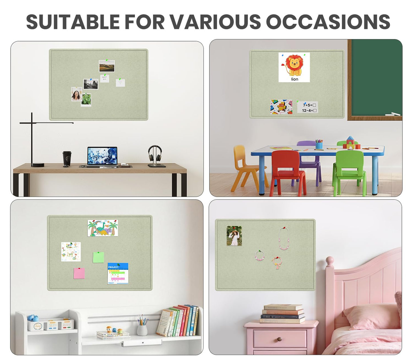 Large Bulletin Board, 48 X 36 inches Felt Board Notice Pin Board,4' x 3' Cork Board Alternative for Wall, Self-Adhesive Vision Board Mood Board Foldable Photo Board with 30 Pushpin-Sage Green