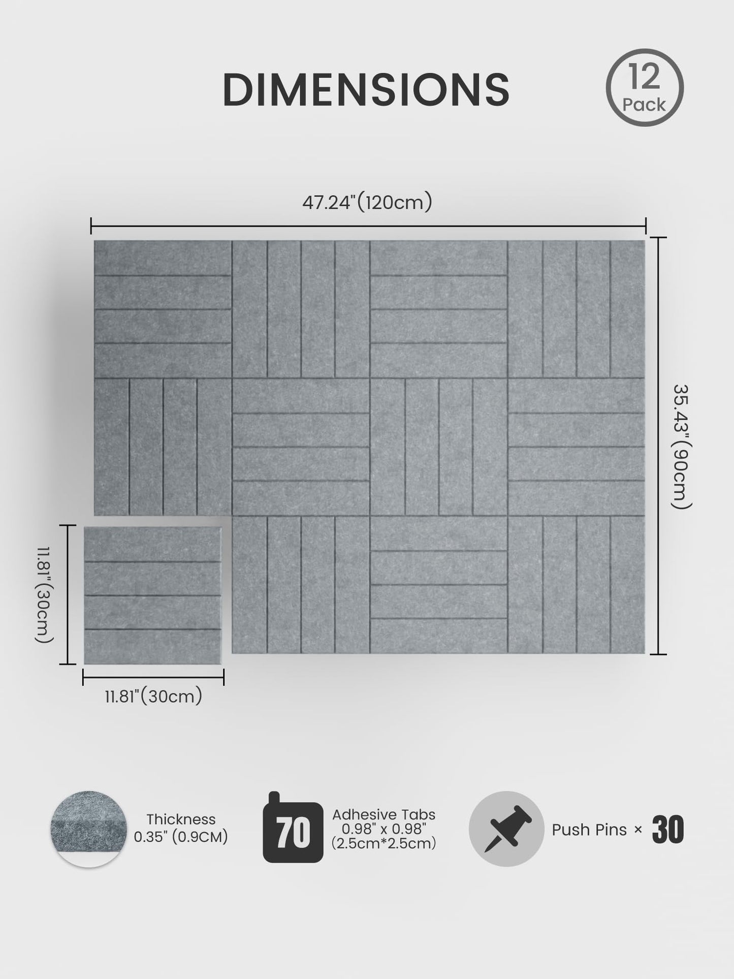 Bumusty Large Cork Board Alternative-48 x 36" Felt Bulletin Board Tiles, with 30 Pushpins, 70 Adhesive Tabs, Bold-Stripe 12-Pack, Cork Boards for Office Push Pin Board Felt Board-Blue Gray