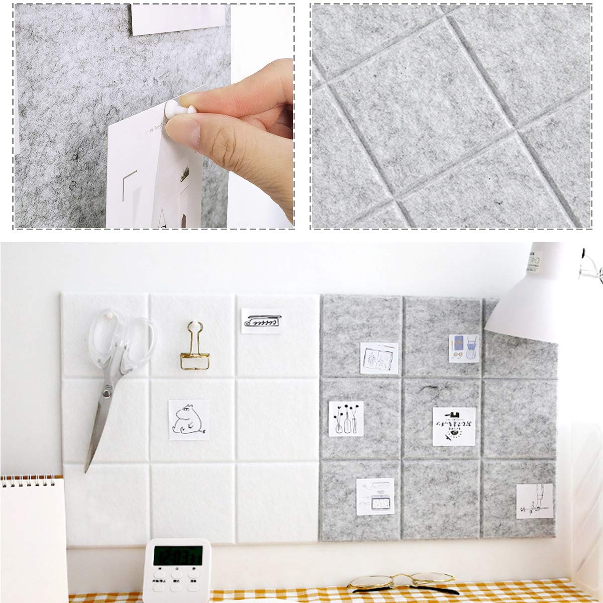Uoisaiko Large Felt Board Tiles for Wall with 30 Push Pins, 11.8"x11.8" Pack of 6 Pin Board Notice Boards for Home Office Kitchen, Bulletin Board Wall Tiles for Photos Memos (Blue+Grey, 6 Pack)