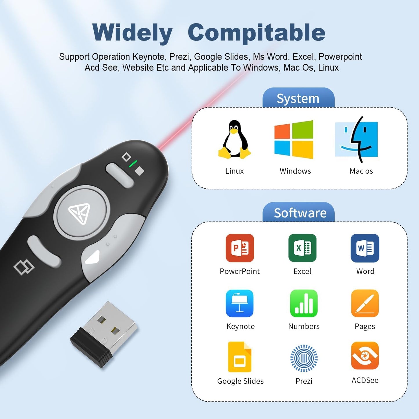 QUI 2 Pack Wireless Presenter PowerPoint Clicker, RF 2.4GHz USB Presentation Clicker for Google Slides, Keynote, Mac, Windows
