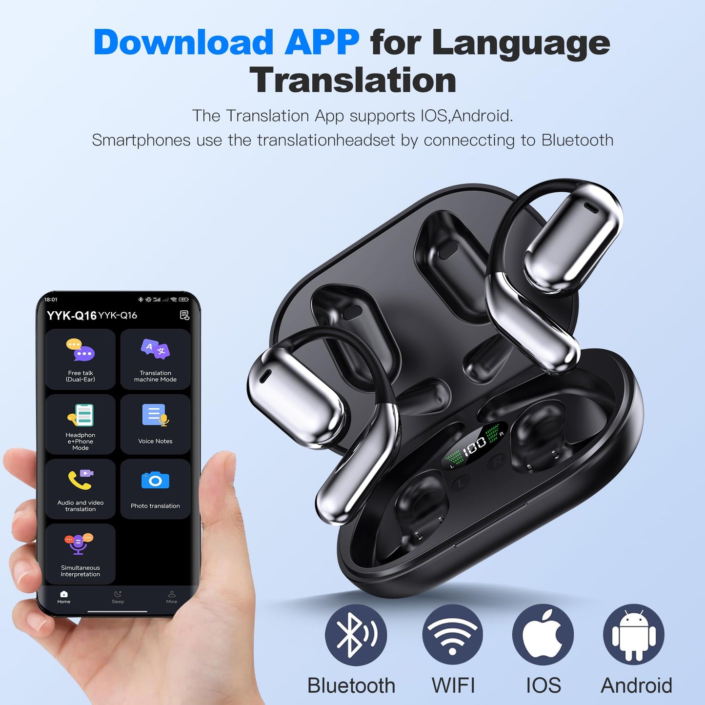 Real-Time AI Translation Earbuds, Open-Ear Audifonos Traductores Inglés Español Two-Way Translator Headphones, Bluetooth Wireless Earhooks for Business, Travel, Learning, Meetings (Pure White)