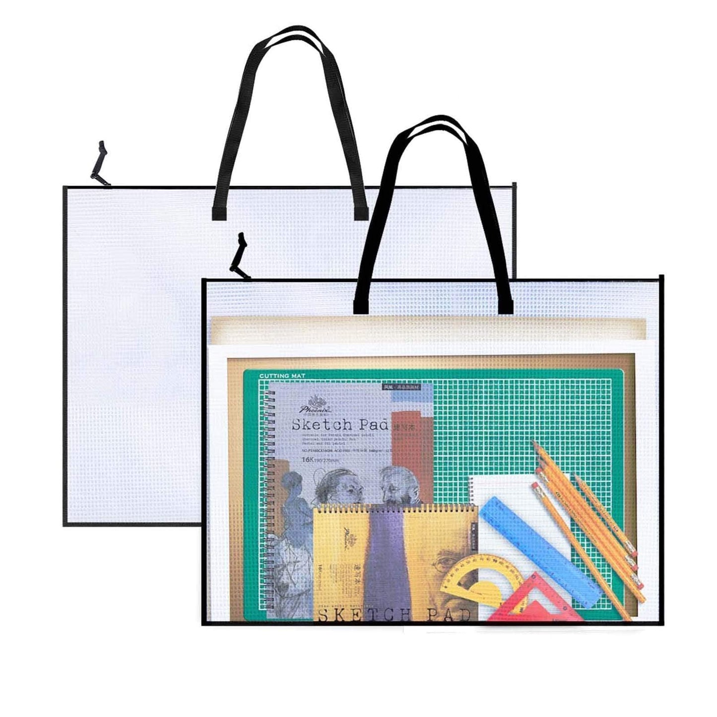 Opret 2 Pack 19x25 inch Art Portfolio Bags, Artwork Storage Case with Handle and Zipper Vinly Mesh Folder Organizers for Bulletin Boards, Scrapbooks, Keepsake and Poster Storage