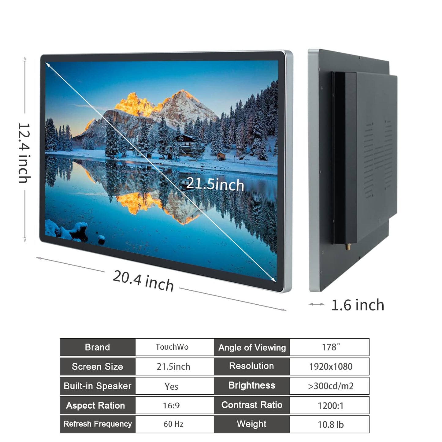 TouchWo 21.5 inch Touch Screen Industrial PC, i7, 8GB RAM, 512G ROM, 16:9 FHD 1080P, Win-11 Pro, Smart Board for Classroom, Meeting & Game, USB, VGA & HD-MI Monitor