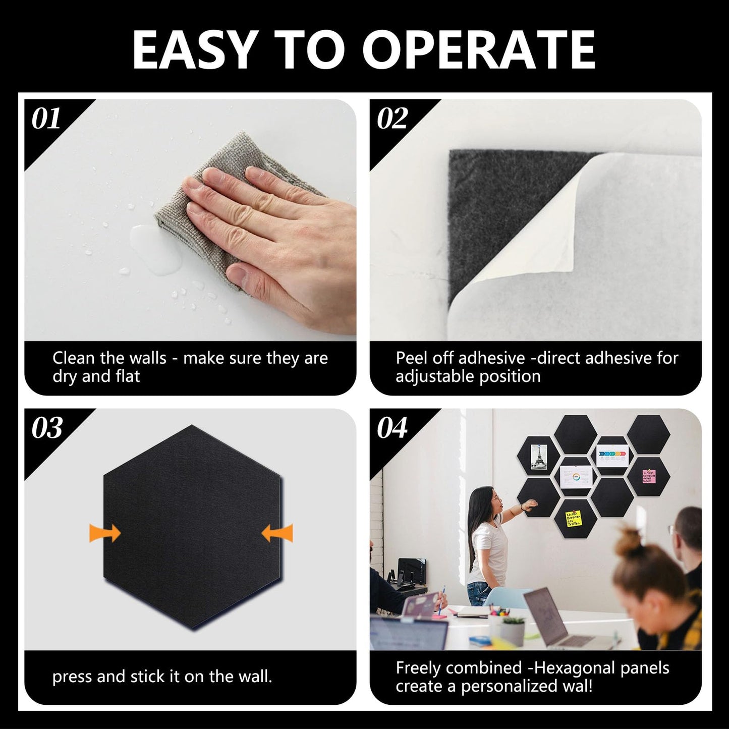 8 Packs Yellow Hexagon Felt Pin Board, 12" Bulletin Board with 30 Push Pins, Felt Board for Home Kitchen Office Decor, Self-Adhesive Corkboard Tiles for Walls Message Photos Memos Display