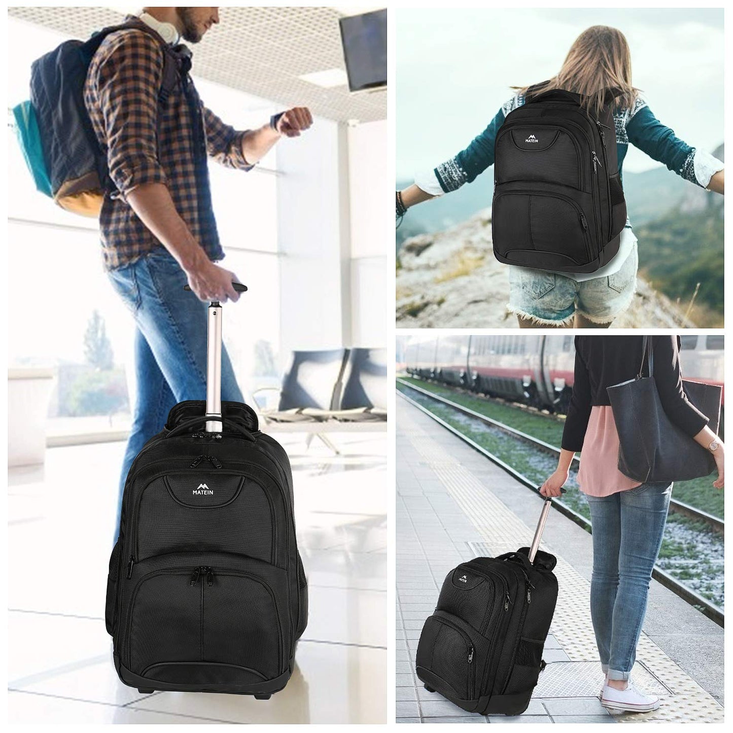 MATEIN Rolling Backpack, 17 inch Water Resistant Wheeled Laptop Backpack, Carry on Luggage Business Bag, Overnight College Computer Bag Trolley Suitcase for Men Women Adults to Travel, Black