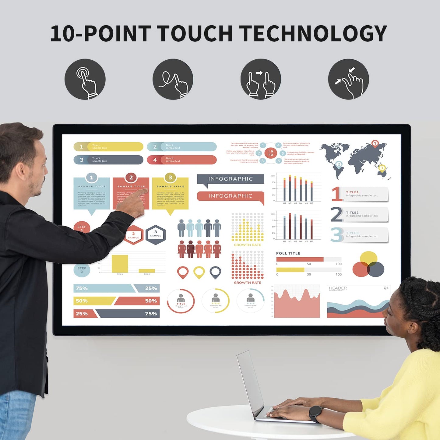 TouchWo 43 inch Interactive Touchscreen Monitor, Smart Board with 16:9 Display 1080P, Android 12 Touchscreen Electronic Whiteboard for Office and Classroom, RAM 4G & ROM 64G