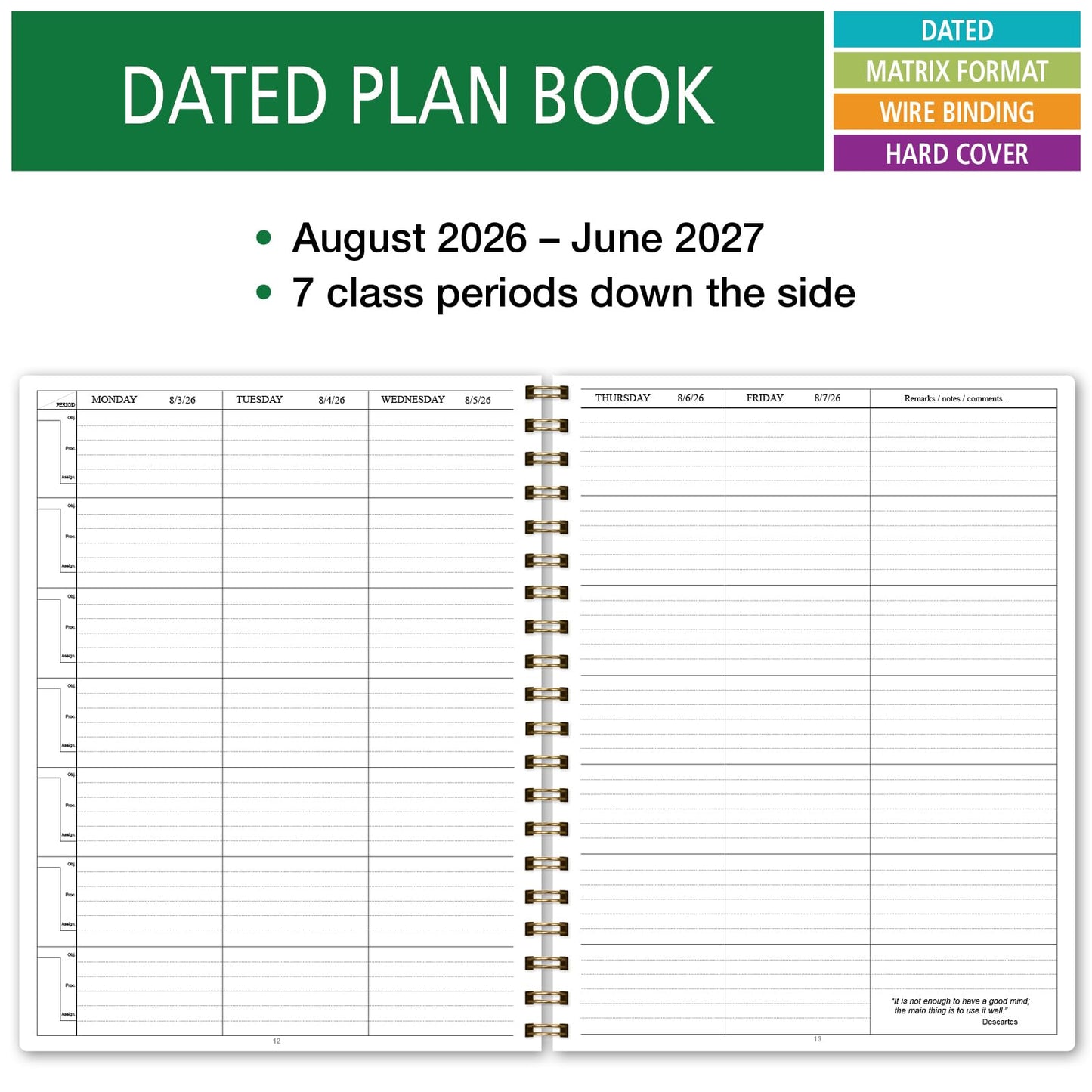 Elan Publishing Company HARDCOVER 7 Period Dated Teacher Lesson Plan; Days Horizontally Across The Top Dated for 2026-2027 Academic Year with Bonus Clip-in Bookmark (Teal Floral)