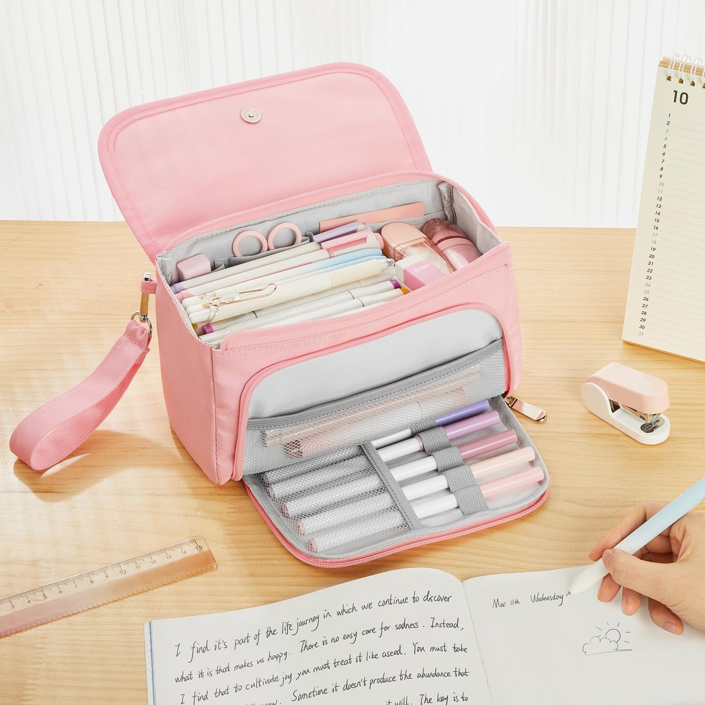 Sooez Super Large Pencil Case, Big Capacity Pencil Bag with 3 Compartments, can hold 100 pencils,Cute Pencil Pouch with Zipper,Portable Stationery Pen Bag,Aesthetic School Supplies For Girls,Haze Blue
