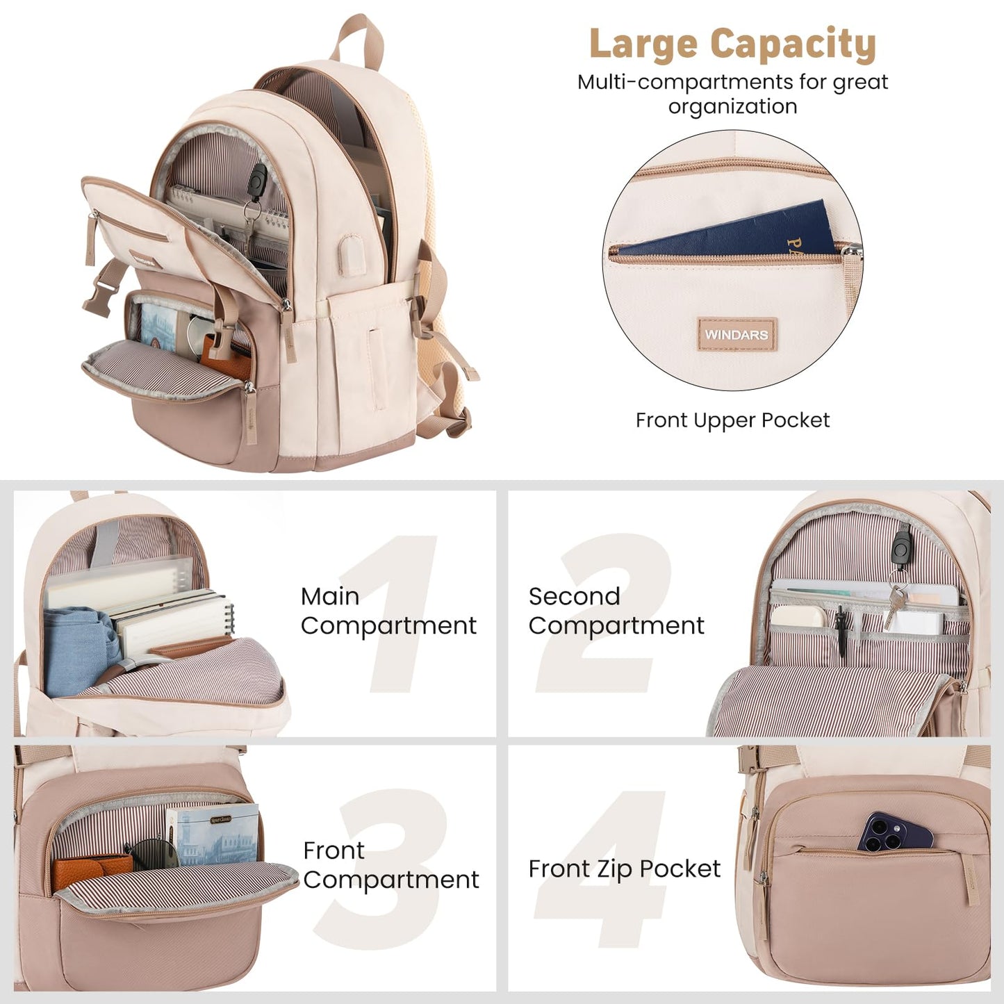 WINDARS Backpack for School Girls, Cute High School Backpacks for Teens Women Student Large Bookbag 15.6 Inch Laptop Bag with USB Charger Port for College Work Travel Trip (Khaki Beige)