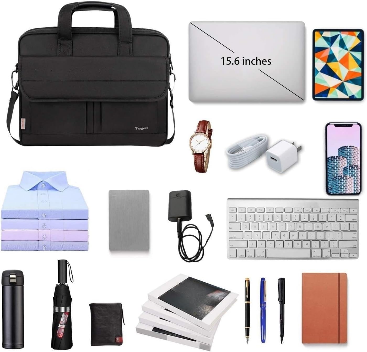 Taygeer Laptop Bag 15.6 Inch, Business Briefcase Gifts for Men Women, Water Resistant Messenger Shoulder Bag with Strap, Premium Office Bag, Carry On Laptop Case for Notebook/Computer/Laptop, Black