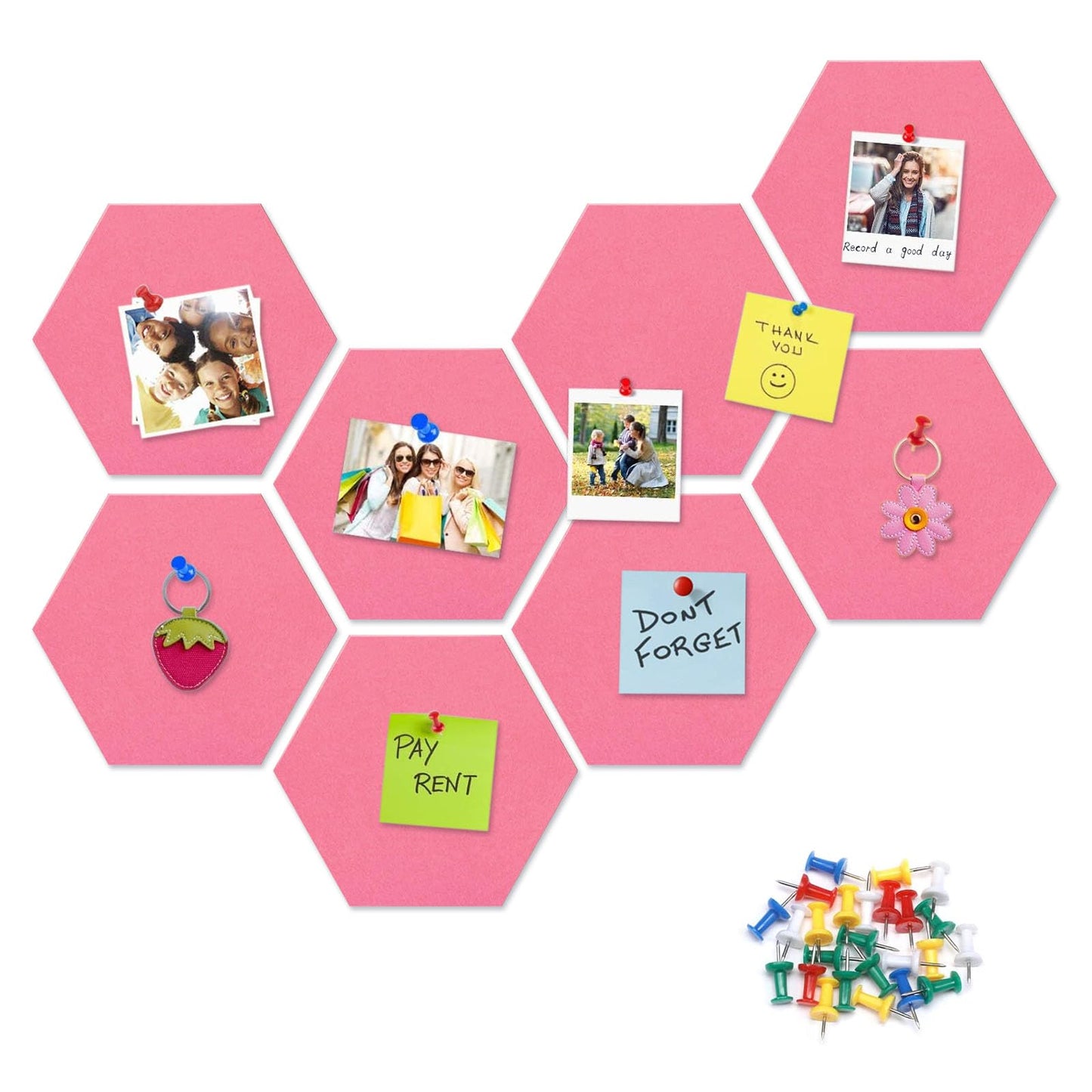 8 Packs Pink Hexagon Felt Pin Board, 12" Bulletin Board with 30 Push Pins, Felt Board for Home Kitchen Office Decor, Self-Adhesive Corkboard Tiles for Walls Classroom Message Photos Memos Display