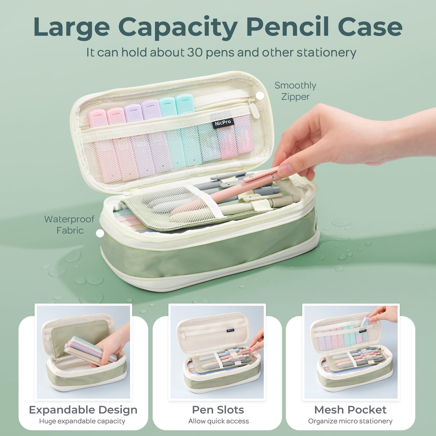 Nicpro 50PCS Aesthetic School Supplies with Cute Pencil Case, 5 Quick Dry Black Ink Pens, 12 Pastel Highlighters, 6 Mechanical Pencil 0.5, 0.7, 0.9 & 2.0 mm for Students Stationary College Essentials
