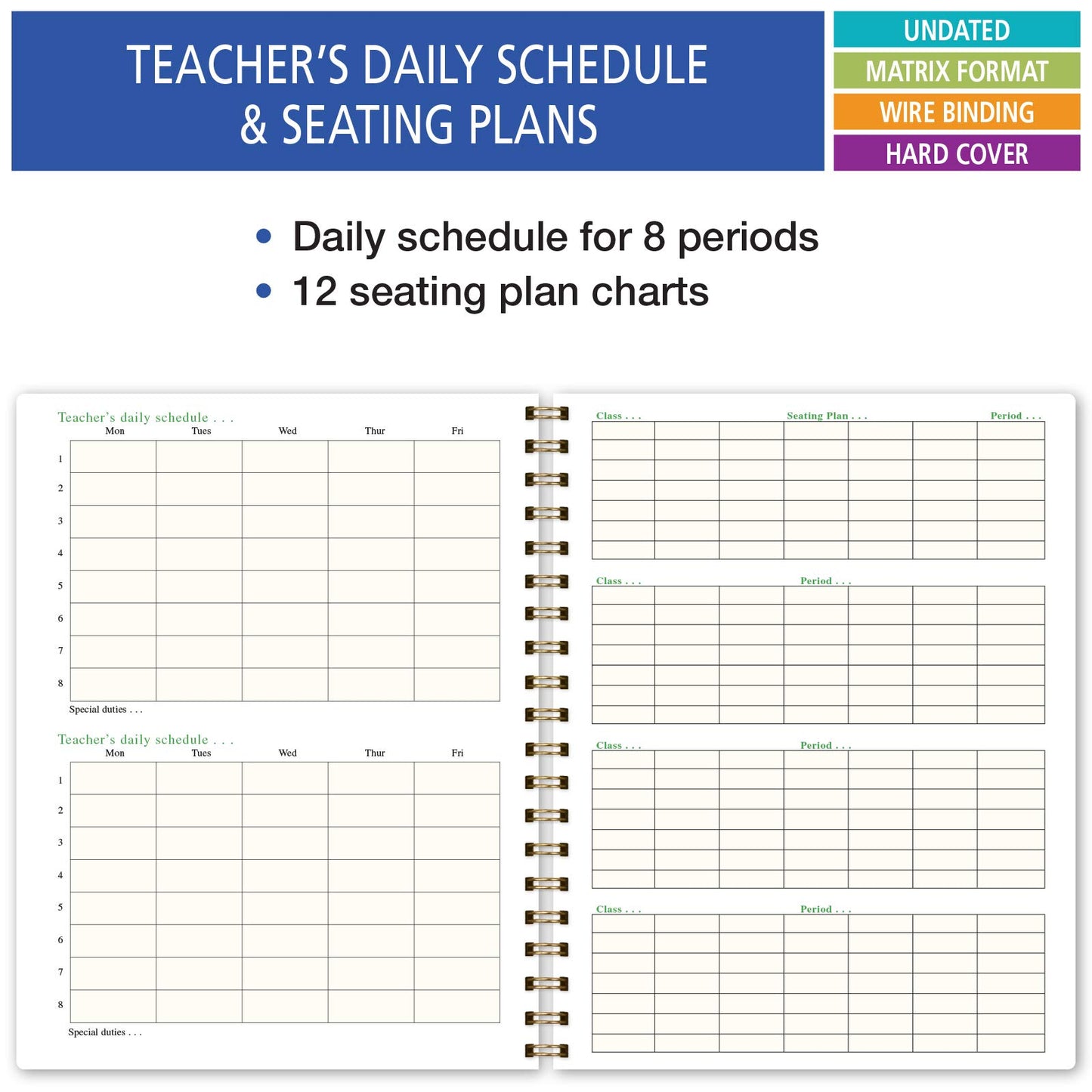 Elan Publishing Company HARDCOVER 7 Period Teacher Lesson Planner - Days Horizontally Across the Top with Bonus Clip-in Bookmark (Tree Seasons)