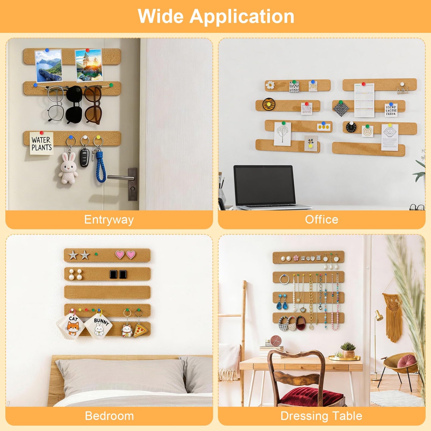 Fushing Cork Boards Felt Bulletin Boards, 13"x2" Pin Boards with Push Pins, Self-Adhesive, No-Drill Wall Mount Pin Boards for Classroom, Office, Home, Dorm, Bedroom Door (6)