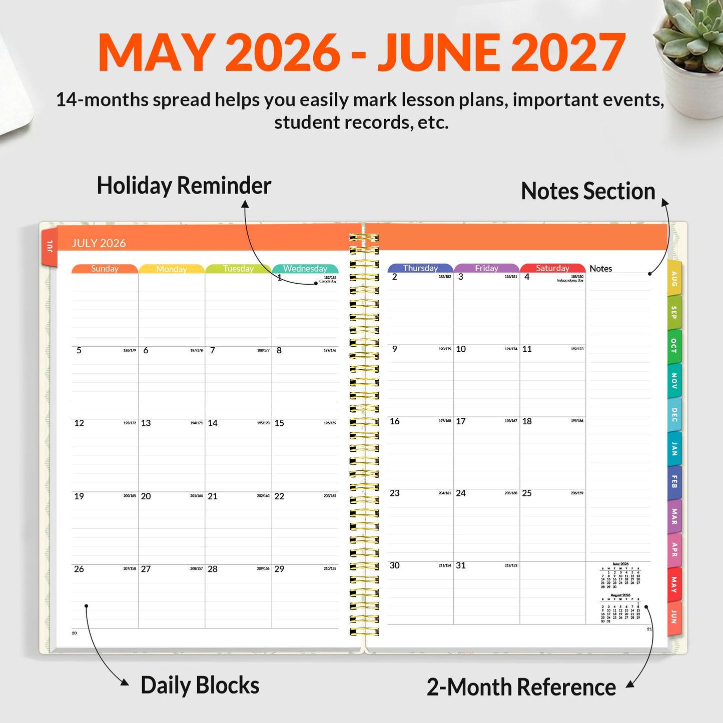 SUNEE Teacher Planner 2026-2027 Academic Year, Lite Lesson Planner Book with 7 Periods Jul 2026 - Jun 2027, 8.5"x11" Daily Weekly and Monthly Organizers, Plan Book with Pocket, Tabs, Floral Stripes