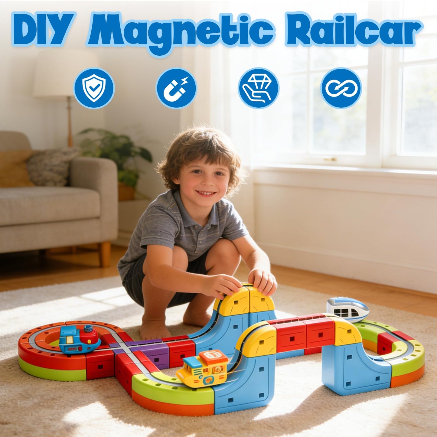 Electric Magnetic Train Toys Set- Flexible Race Track for Kids 3 4 5 6 7 8,stem Gravity Magnetic Roller Car Track for Toddlers,3D Infinity Cube Track Learning Gift Anti-Gravity Design,88 Pcs/2 car