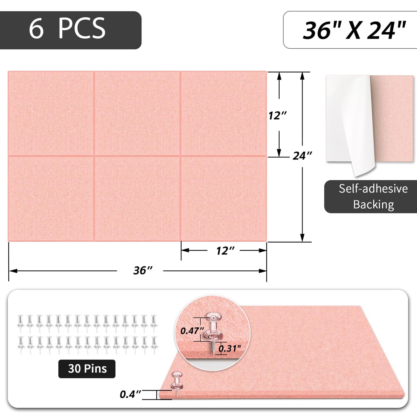 BXI Felt Bulletin Board - 36 X 24 Inches, 6 Pcs Self-Adhesive Decor Cork Boards with 30 Pushpins, Sturdy Acoustic Wall Panels for Office Work, Poster Pin Tiles for Teen Dorm Room Kitchen Classroom