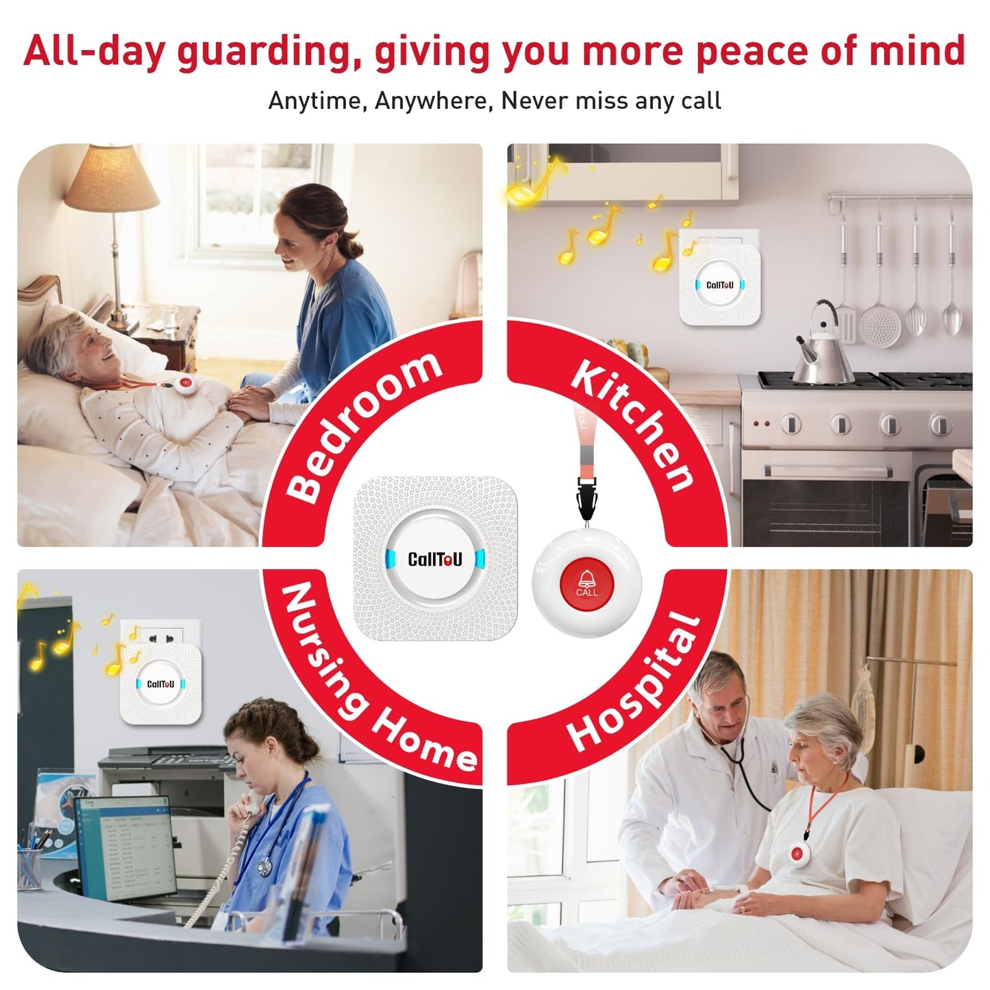 CallToU Wireless Caregiver Pager Smart Call System 2 SOS Call Buttons/Transmitters 2 Receivers Nurse Calling Alert Patient Help System for Home/Personal Attention Pager 500+Feet Plugin Receiver