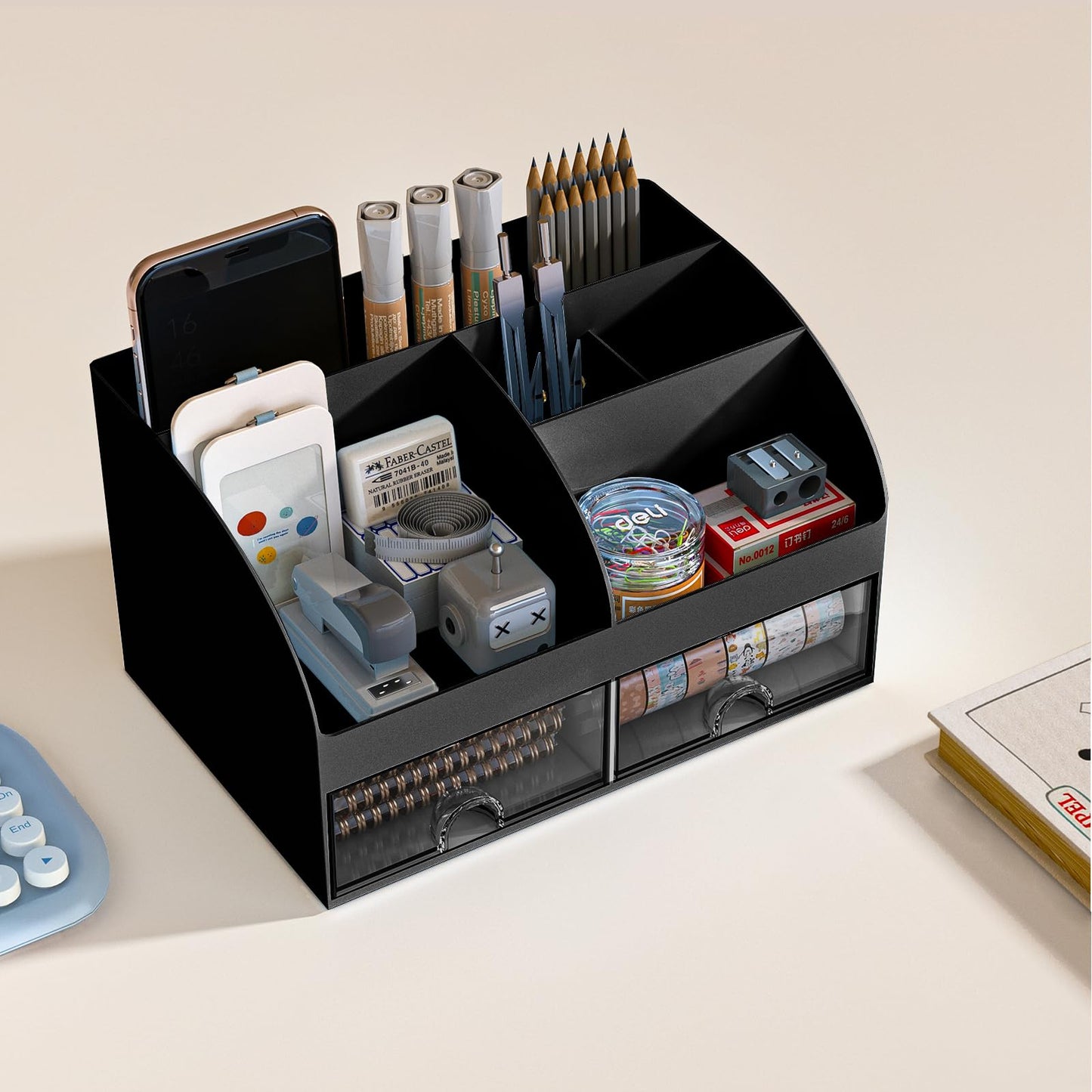 COMFYROOM Desk Organizer with 6 Compartments and 2 Drawers, Plastic Makeup Organizer, Pen Holder for Desktop Storage, Desk Organization for School, Home, Office Supplies (Black)