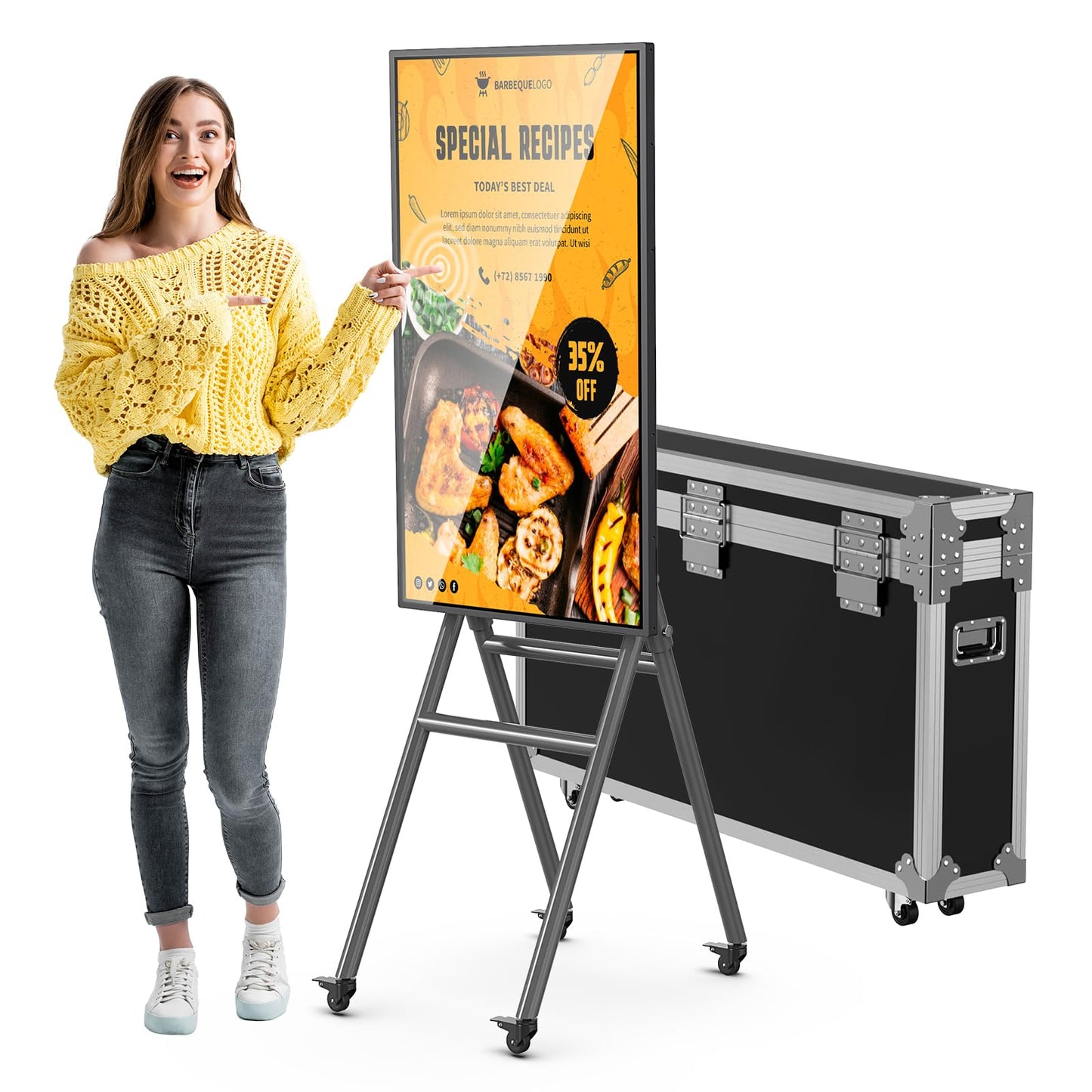 QIXZOCV MWE 43 Inch Mobile Digital Signage Display Touchscreen Kiosk with Flight Case, Portable LCD Screen with Screen Mirroring App Publishing, Advertising Display Poster, Android OS