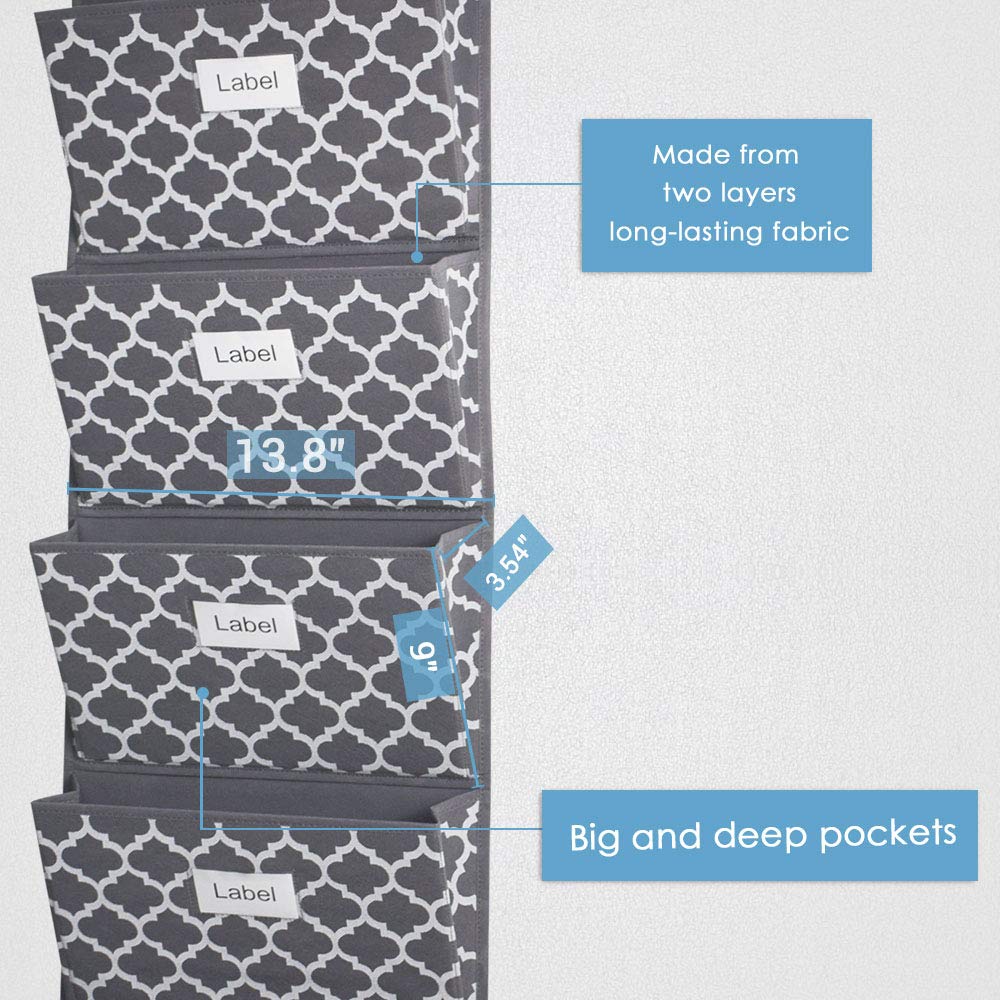 homyfort Over the Door File Organizer, Hanging File Folders, Wall Organizers and Storage for Mail, Magazine, Notebooks, Planners, Office, Classroom, 5 Extra Large Pockets (Grey Lantern Pattern)