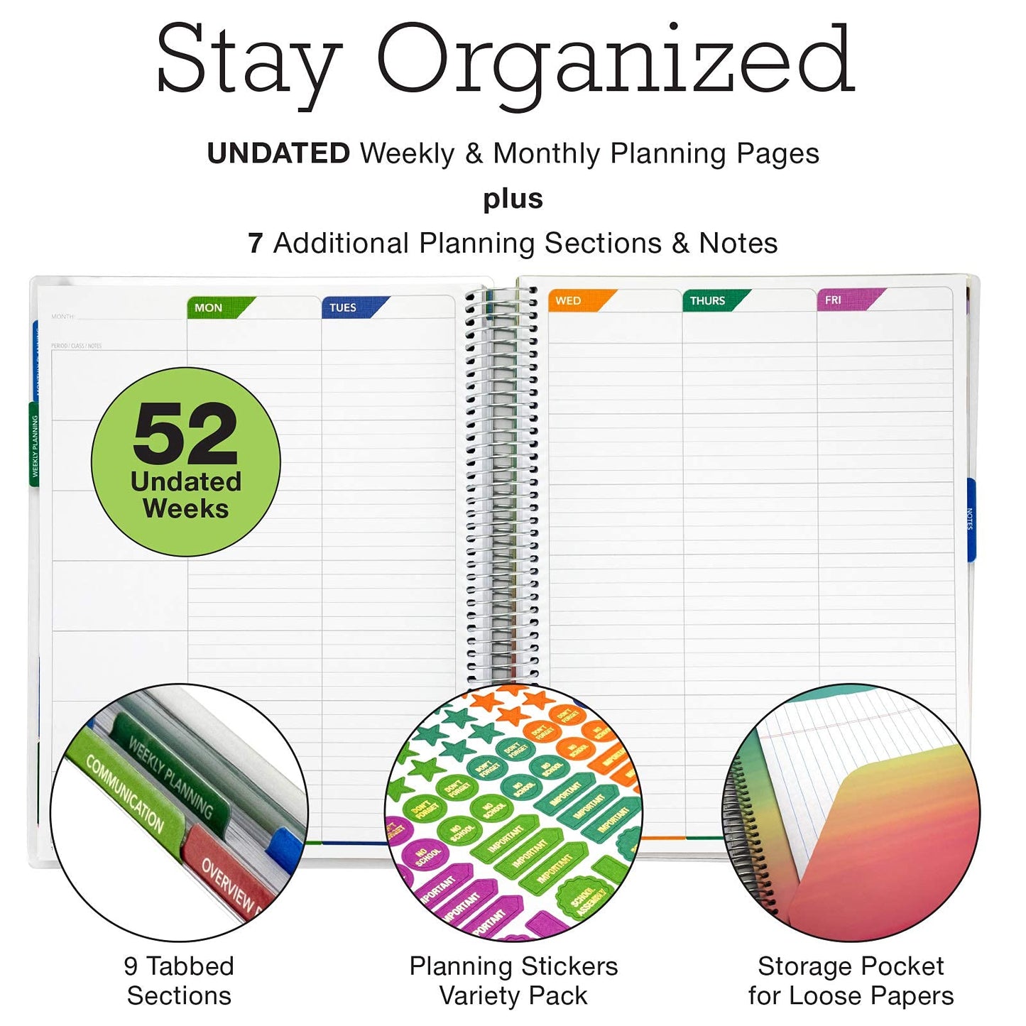 Elan Publishing Company DELUXE Undated Teacher Planner: 8.5x11 Includes 7 Periods, Page Tabs, Bookmark, Planning Stickers, Pocket Folder Daily Weekly Monthly Planner Yearly Agenda (Seaside Watercolor)