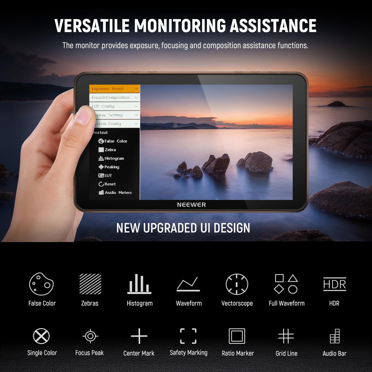 NEEWER F700 7" Camera Field Monitor, 2000nit HD 1920x1080 IPS Touch Screen 3D LUT, 4K HDMI Loop in/Out Peak Focus DSLR Video Assist HDR Waveform, Cold Shoe Mount, 2 NP-F750 Batteries, Cleaning Cloth