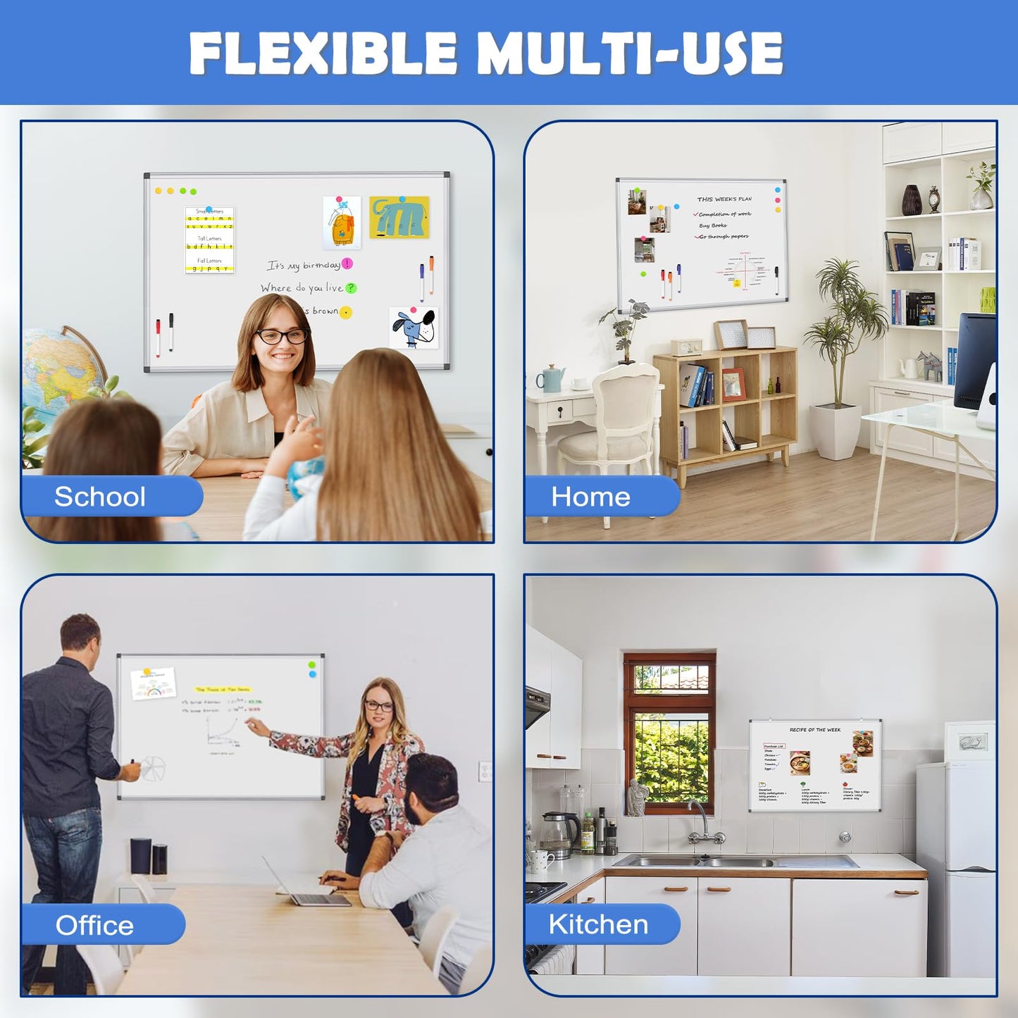 WALGLASS 3 Pack White Board, 24" x 18" Double-Sided Dry Erase White Board for Wall, Hanging Mounted Whiteboard, Horizontal or Vertical Silver Aluminium Frame for Home, School, Office, Kitchen