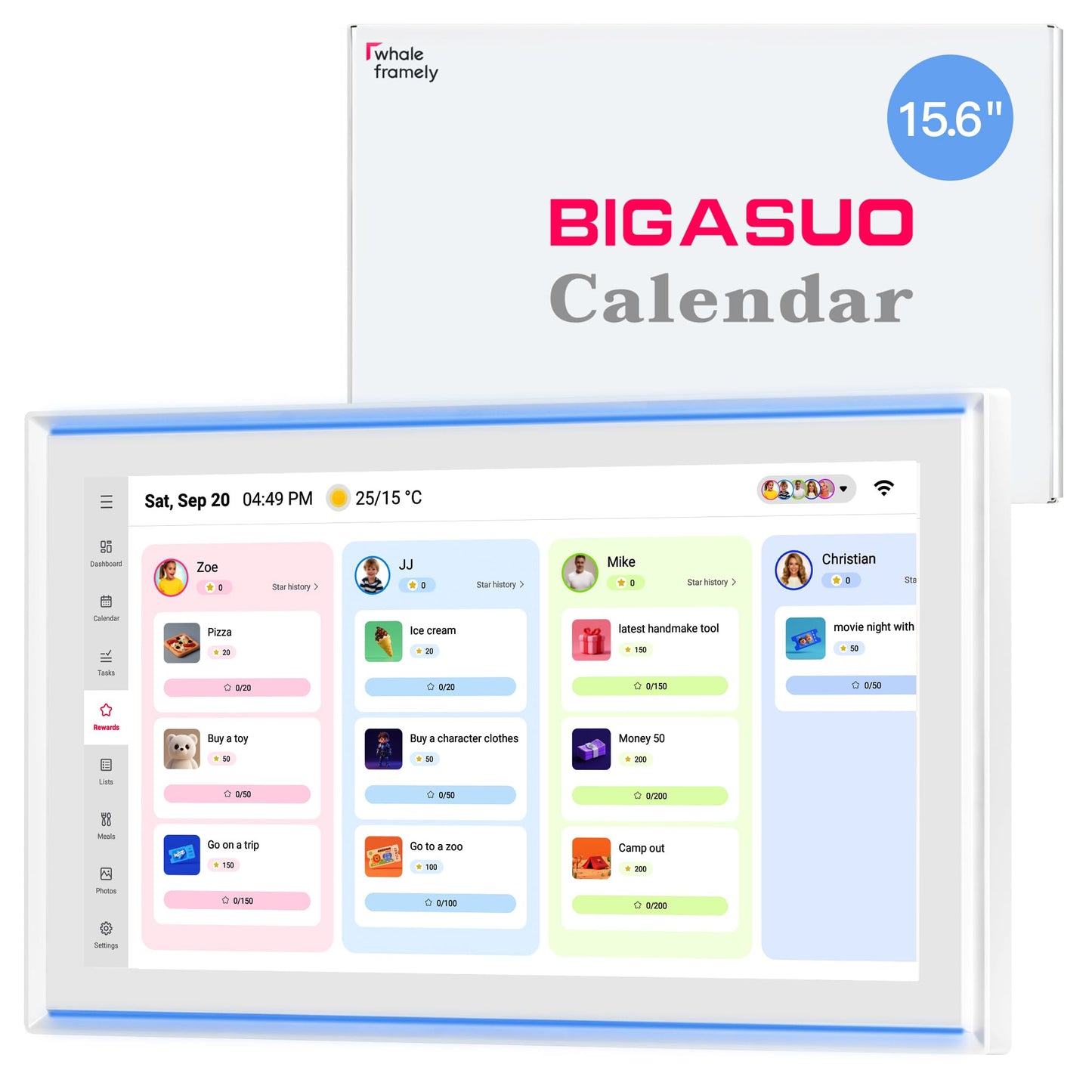 15.6 Inch Family Digital Calendar - Chore Chart, Meal Planner, Photo Display, FHD Interactive Touchscreen with LED Reminder, Wall & Desk Mount Smart Electronic Planner