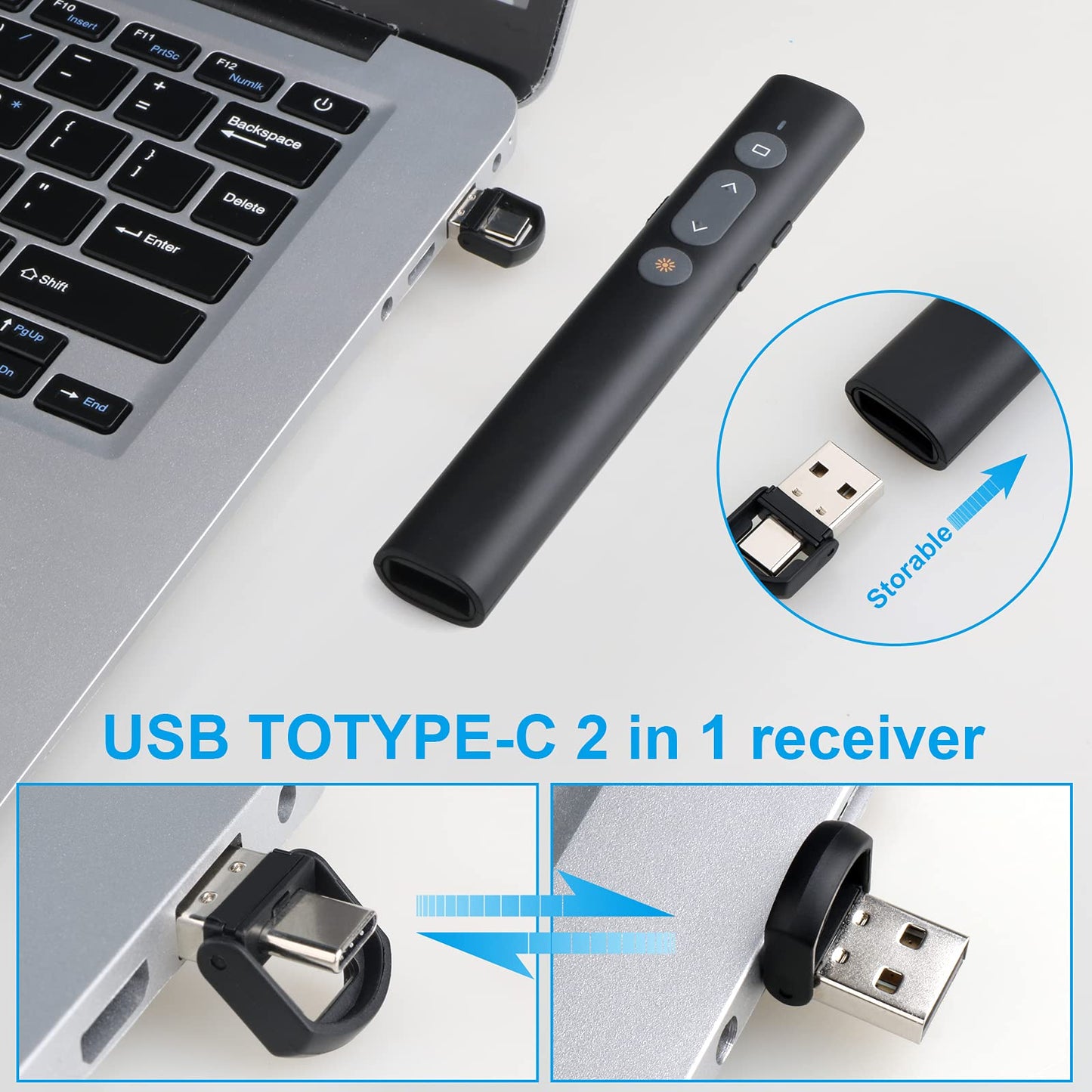Presentation Clicker Presentation Remotes, Type C/USB A 2 in 1 Pointer, Remote PowerPoint Clicker,USB/Type-C for Computer Slide Advancer, Volume Control/Hyperlink/Switch Windows(Battery Included)