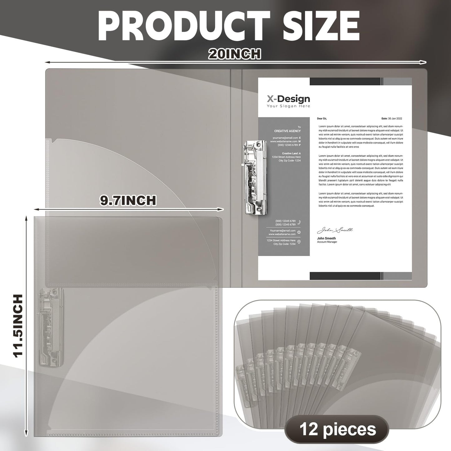 Teling 12 Pack Punchless Clamp Binder Folder 8.5 x 11 Inch Ringless Binder Holds with Pocket, Flexible Metal Clip and Poly Covers, 100 Letter Size Pages, for Work, School (Transparent Gray)