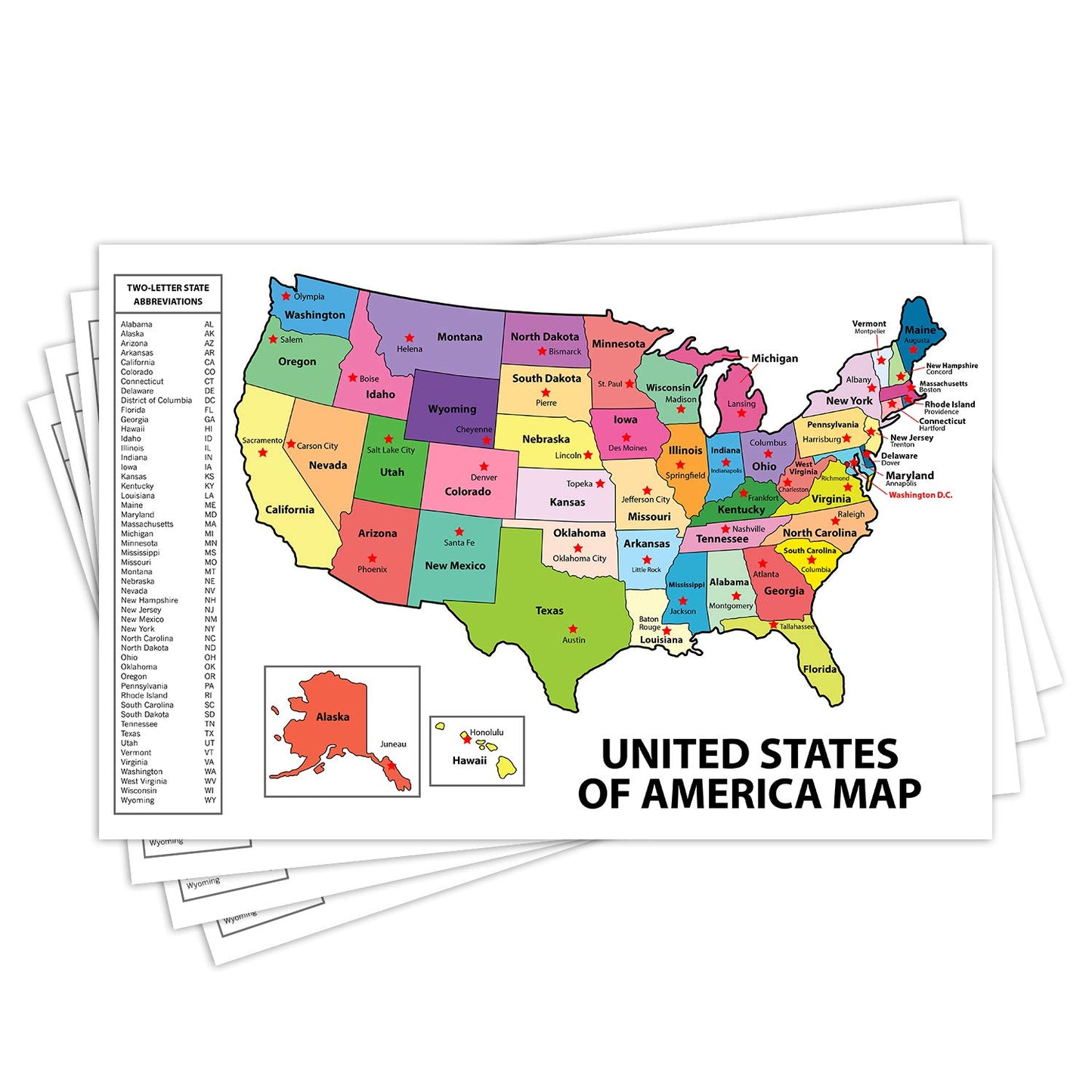 United States Map - USA Poster, US Educational Map - With State Capital - for Ages Kids to Adults - Home School Office - Printed on 12pt. Glossy Card Stock | Bulk Pack of 10 |11 x 17 Inches