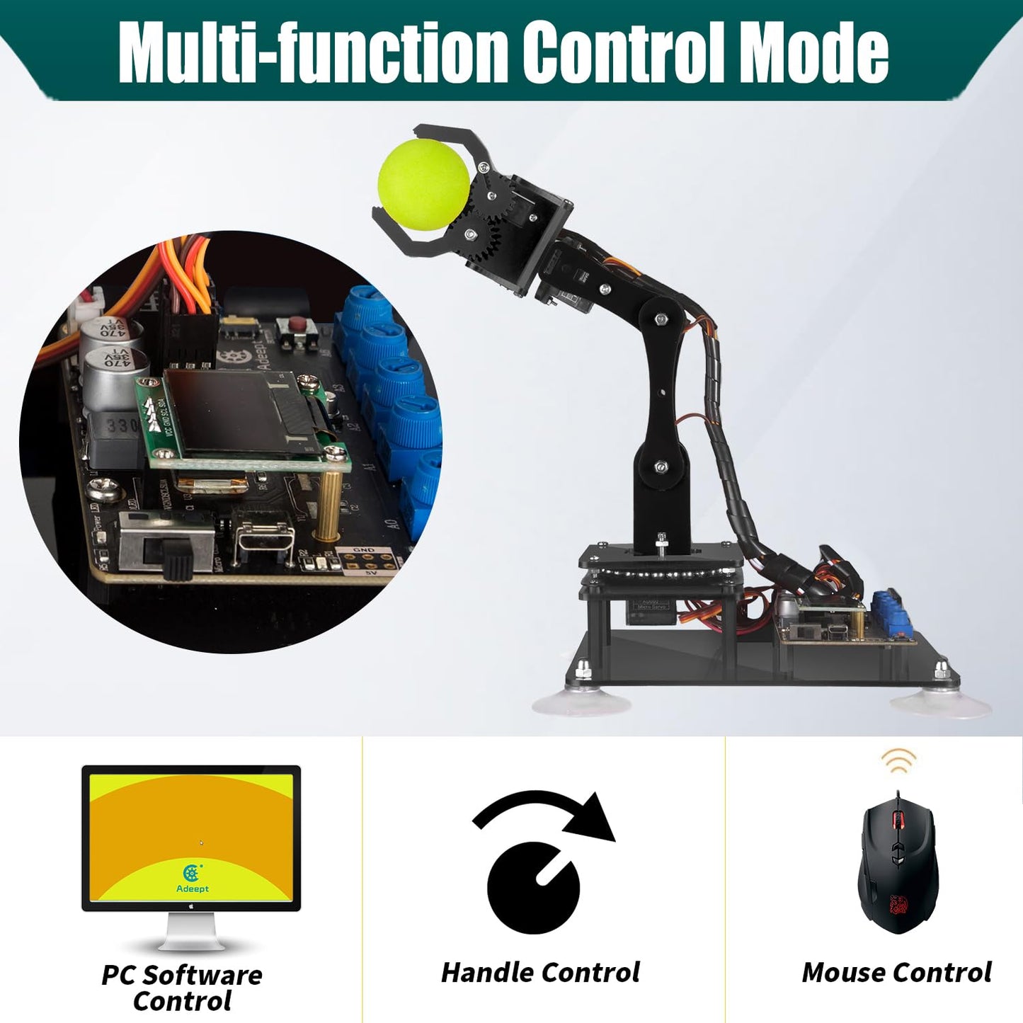 Adeept 5DOF Robotic Arm Kit Compatible with Arduino IDE, Programmable DIY Coding STEM Educational 5 Axis Build Robot Arm, Robot Starter Kit with OLED Display Processing Code and Tutorials - Black