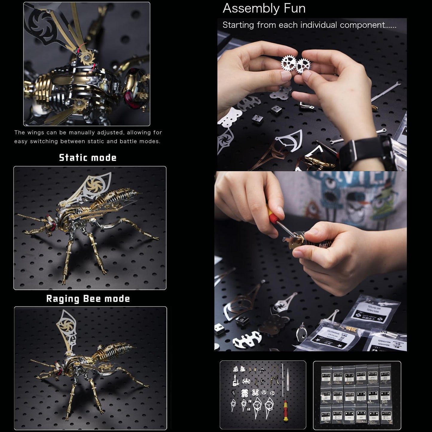 3D Metal Wasp Puzzles for Adults, Black Model Kits Mechanical Building Blocks, Difficult DIY for Assembly Gifts for Men