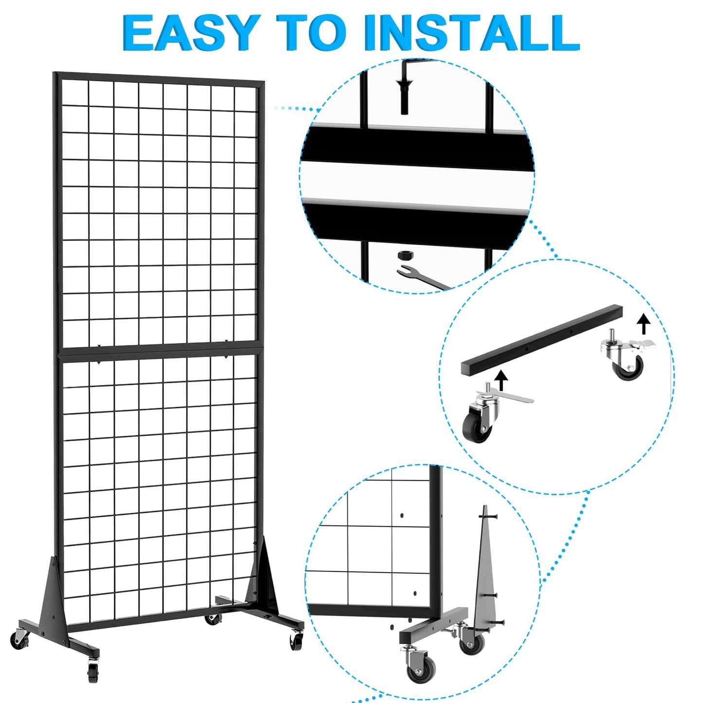 QKOSMTL 2-Pack Gridwall Panel Display Stand, 2'x5.5' Heavy Duty Floor Standing Rack with Detachable Girdwall, Movable Silent Wheel, Easy to Transport, Ideal for Retail & Craft Fairs