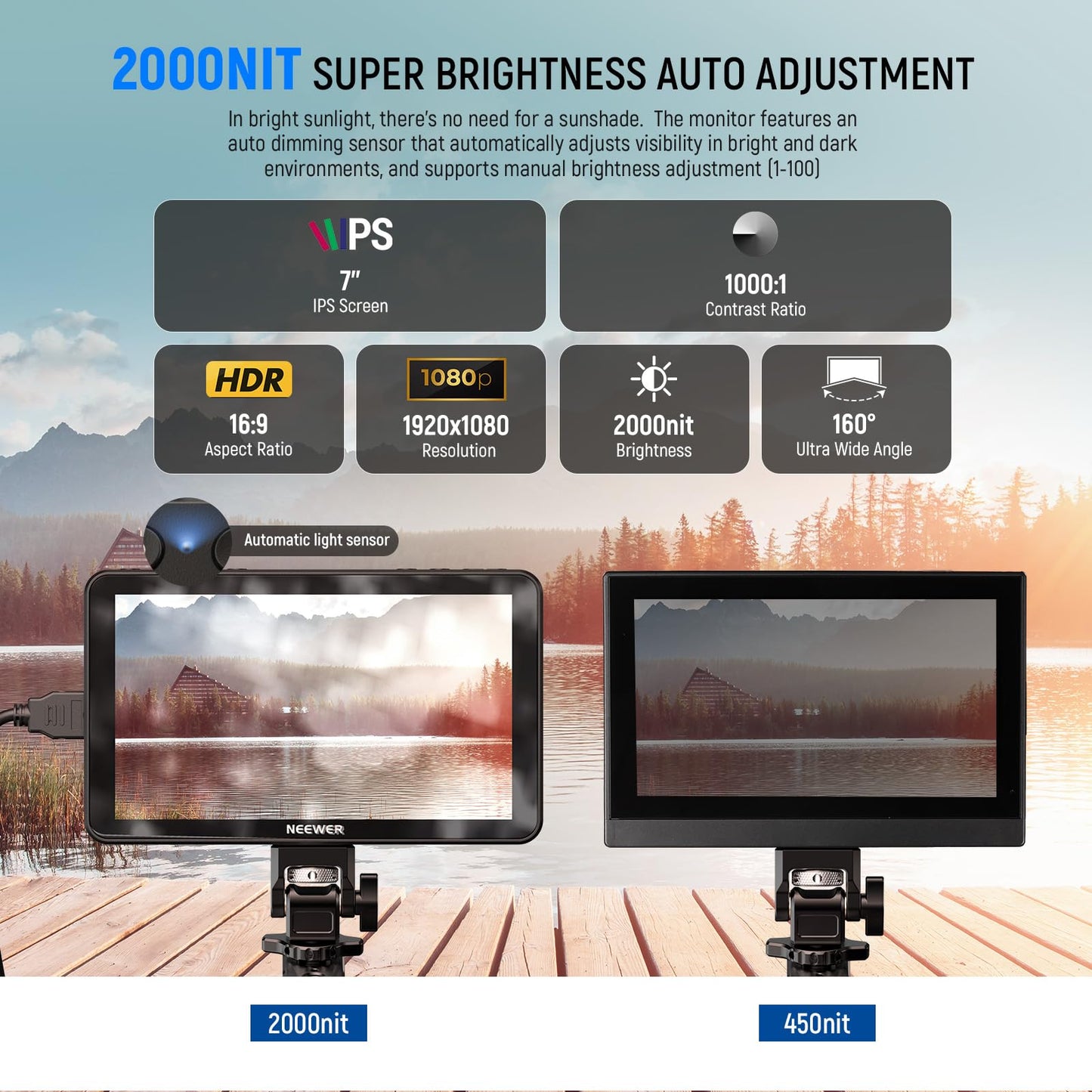 NEEWER F700 7" Camera Field Monitor, 2000nit HD 1920x1080 IPS Touch Screen with 3D LUT, 4K HDMI Loop in/Out with Peak Focus DSLR Video Assist HDR Waveform, Cold Shoe Mount, 5200mAh Battery & Cable