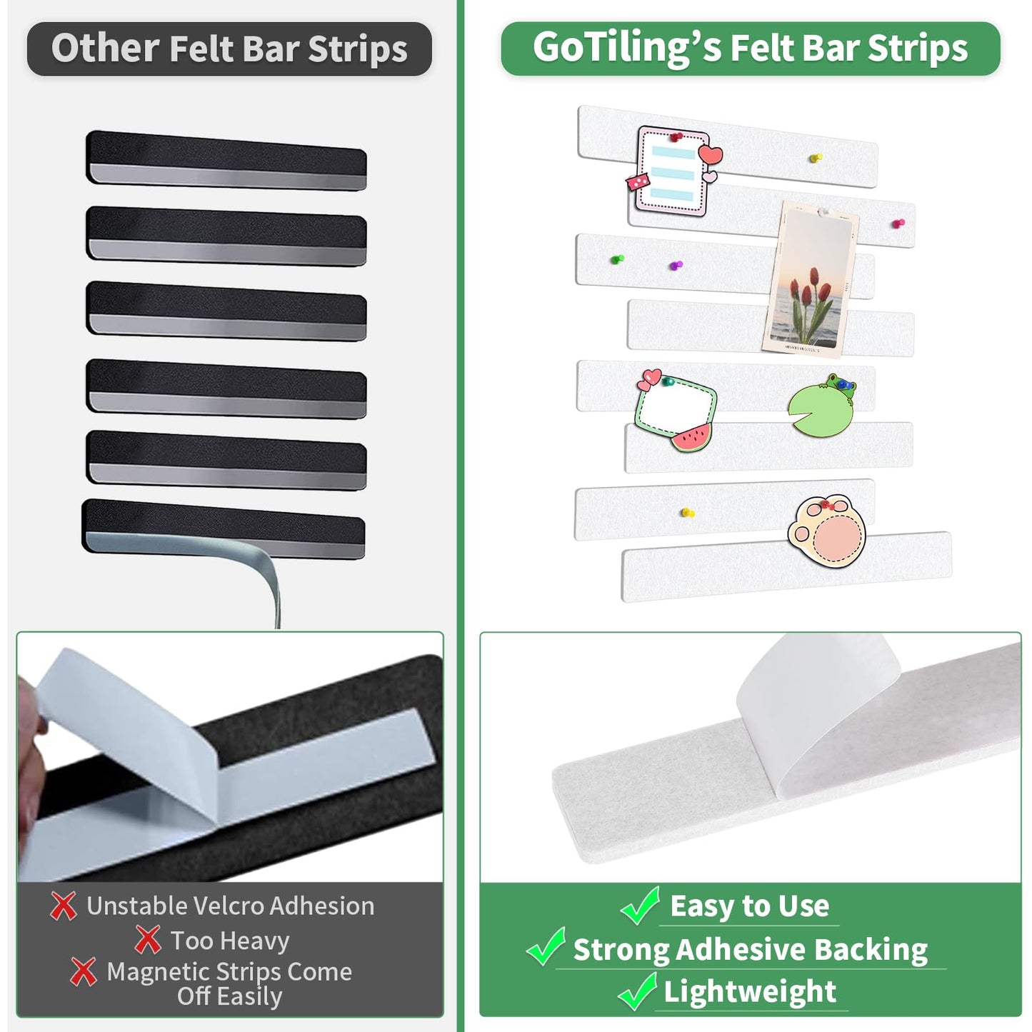 GoTiling Cork Board for Walls - 8 Pack Felt Pin Board Bar Strips - Self-Adhesive Lightweight Bulletin Board - Cork Board for Office with 40 Push Pins No Damage for Wall