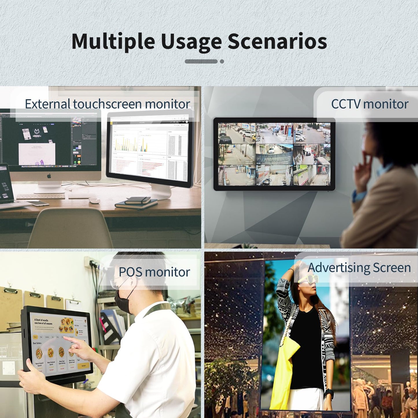 TouchWo 23.8 inch Capacitive Multi-Touch Screen Industrial Monitor, 16:9 Display 1920 x 1080P, Built-in Speakers, VGA, DVI & HD-MI Monitor for PC, POS, Small Business, Restaurant