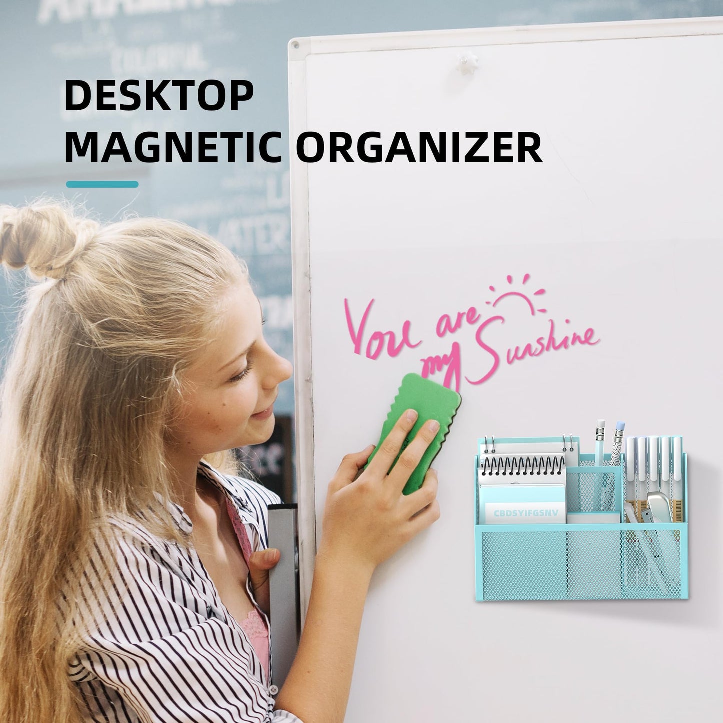 DALTACK Magnetic Pencil Holder - 3-Grid Mesh Shelf for Whiteboard, Refrigerator & Locker - Organizer for Home, School & Office, Blue