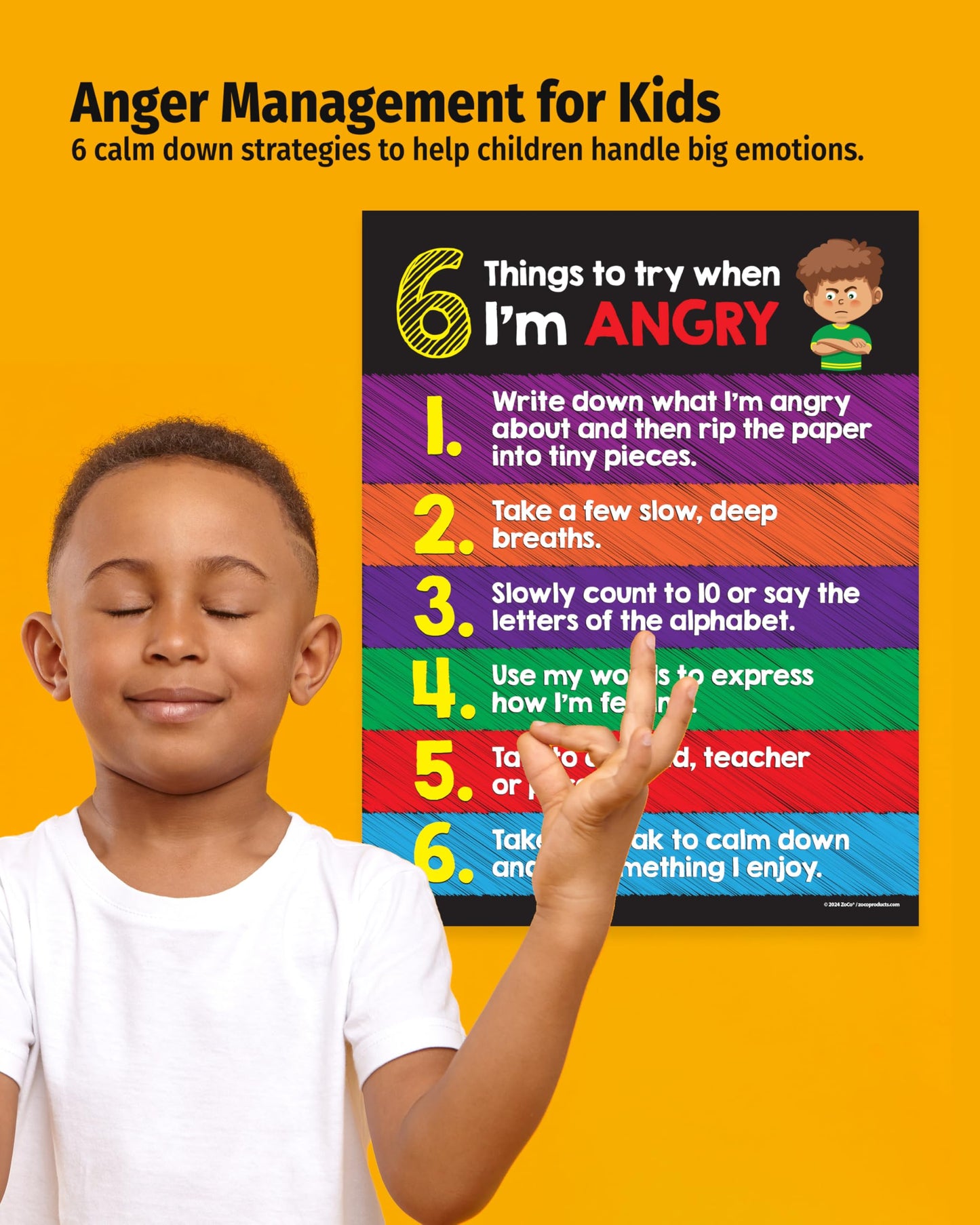 ZOCO – Anger Management Poster for Kids (10-Pack) – SEL Behavior Chart for Classroom or Calm Down Corner – Coping Skills Visual Tool – Laminated 17x22 – Preschool Elementary Emotional Regulation