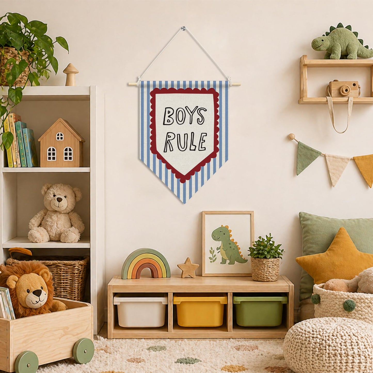 RUKUPA Boy Nursery Wall Art Decor, Kids Playroom Hanging Pennant Flag, Boys Rule Blue Striped Wall Art Poster Hanger for Kids Boy Nursery Toddler Room Bedroom Playroom Decor, 11x15 Inch