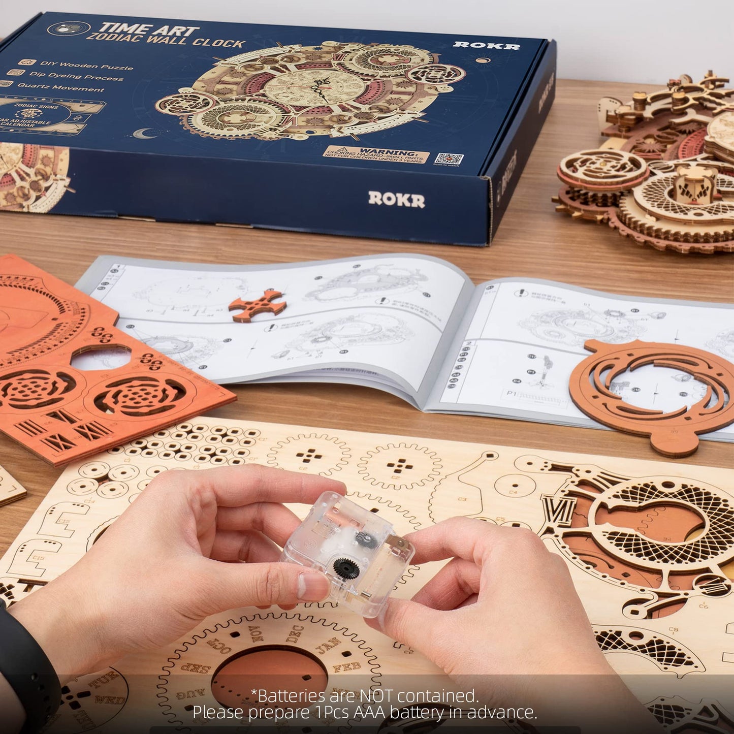 ROKR 3D Wooden Puzzles for Adults-Wooden Clock Puzzle Kit-Wood Model Kits to Build for Adults-Zodiac Wall Clock